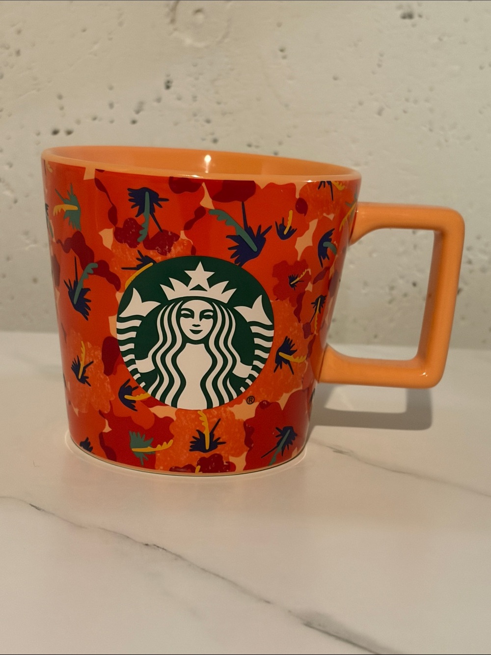 Starbucks Orange Ceramic Mug with Green Logo and Navy Accents
